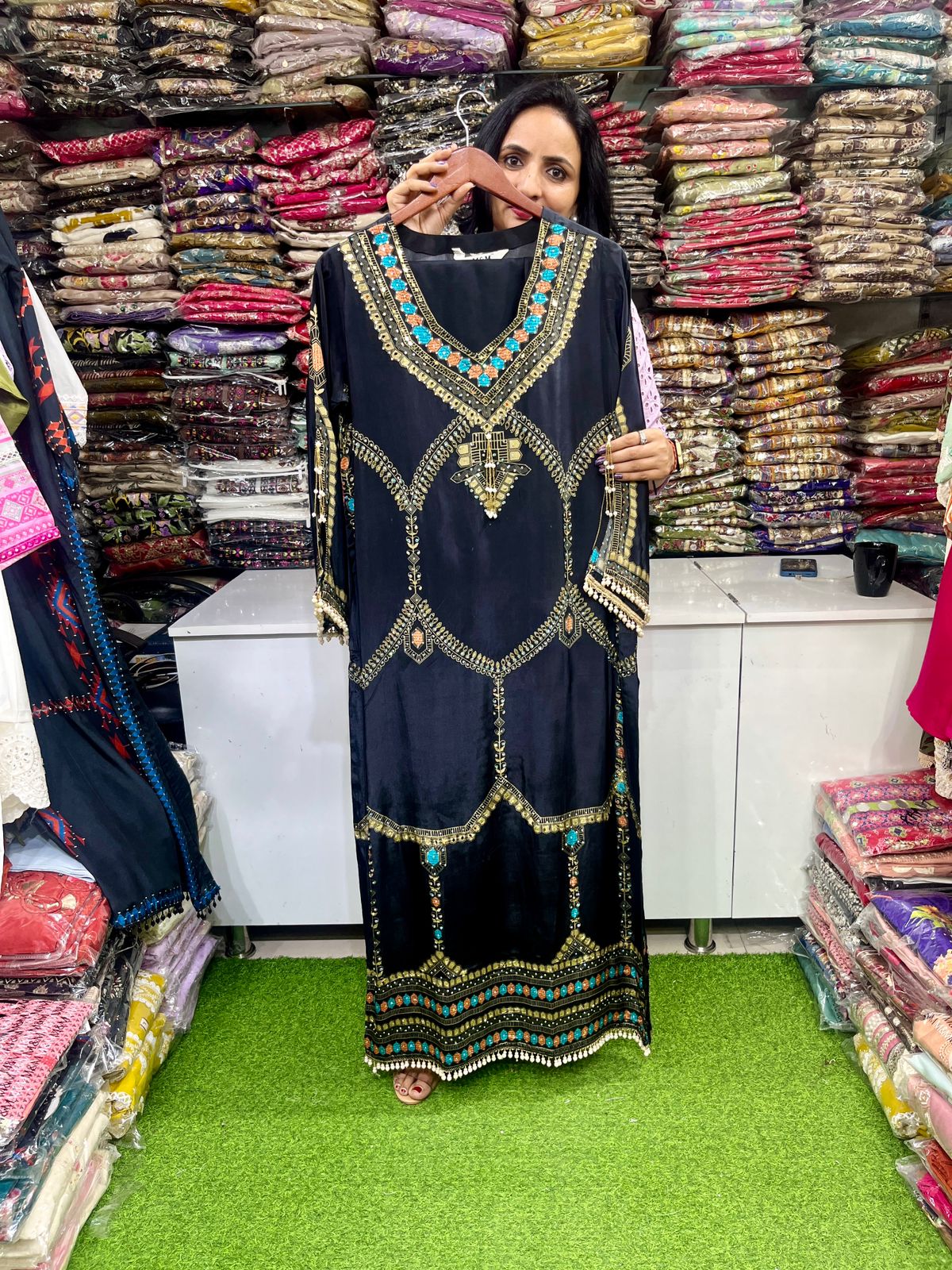 Designer Crape Phiran with Real Mirror Work