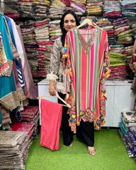 Designer Embroidered Pure Crape Kaftan Set