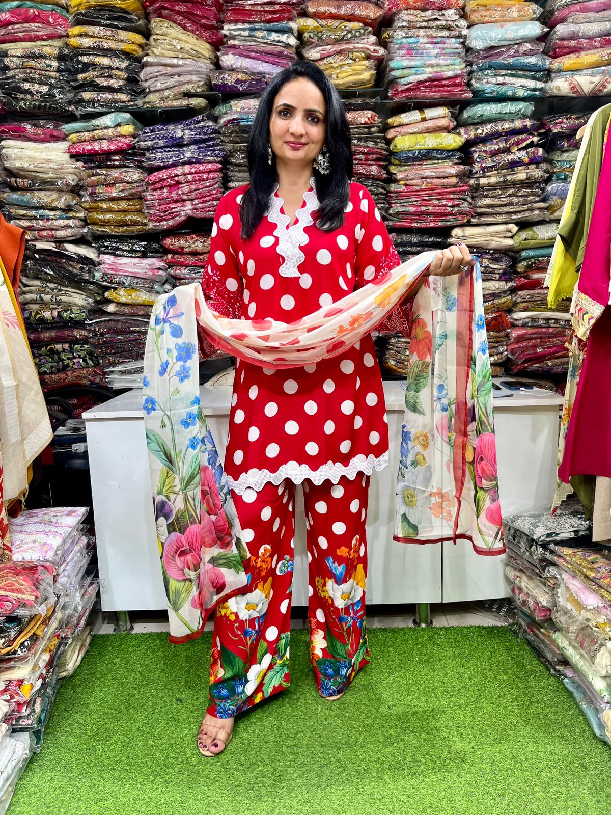 Designer Muslin Polka Suit Set