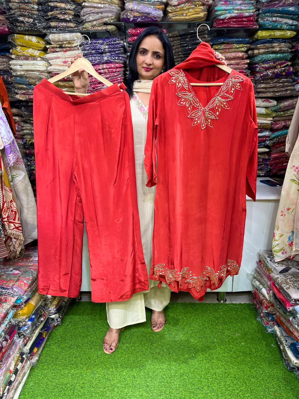 Pure Crape Hand Embroidered Designer Suit Set