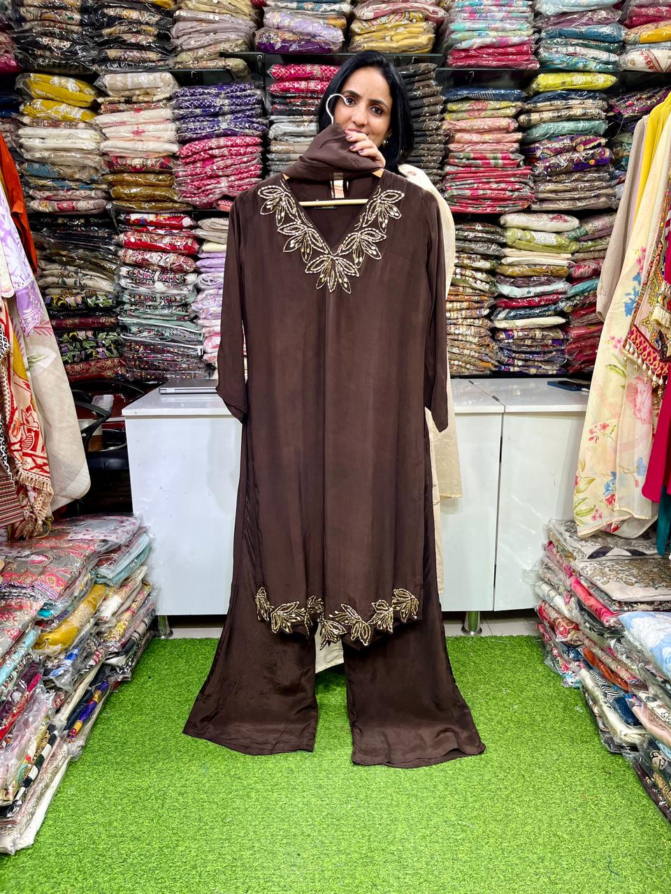 Pure Crape Hand Embroidered Designer Suit Set