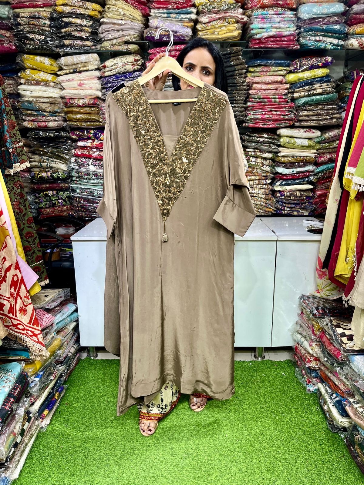 Pure Crape Hand Embroidered Phiran with Plazzo