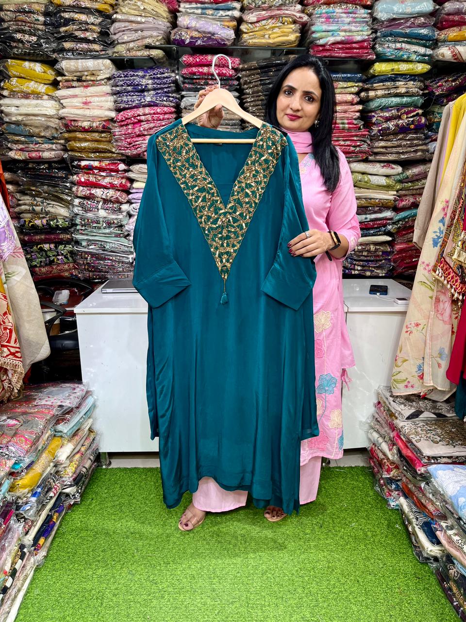 Pure Crape Hand Embroidered Phiran with Plazzo
