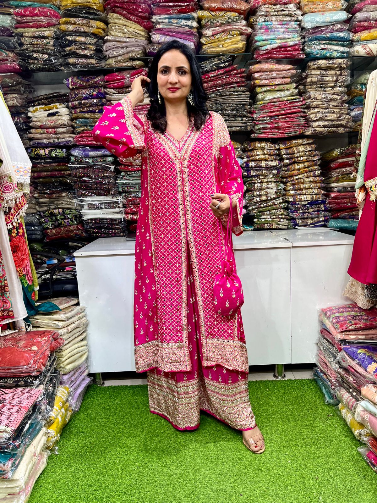 Pure Crape Mirror Work Long Party Wear Set