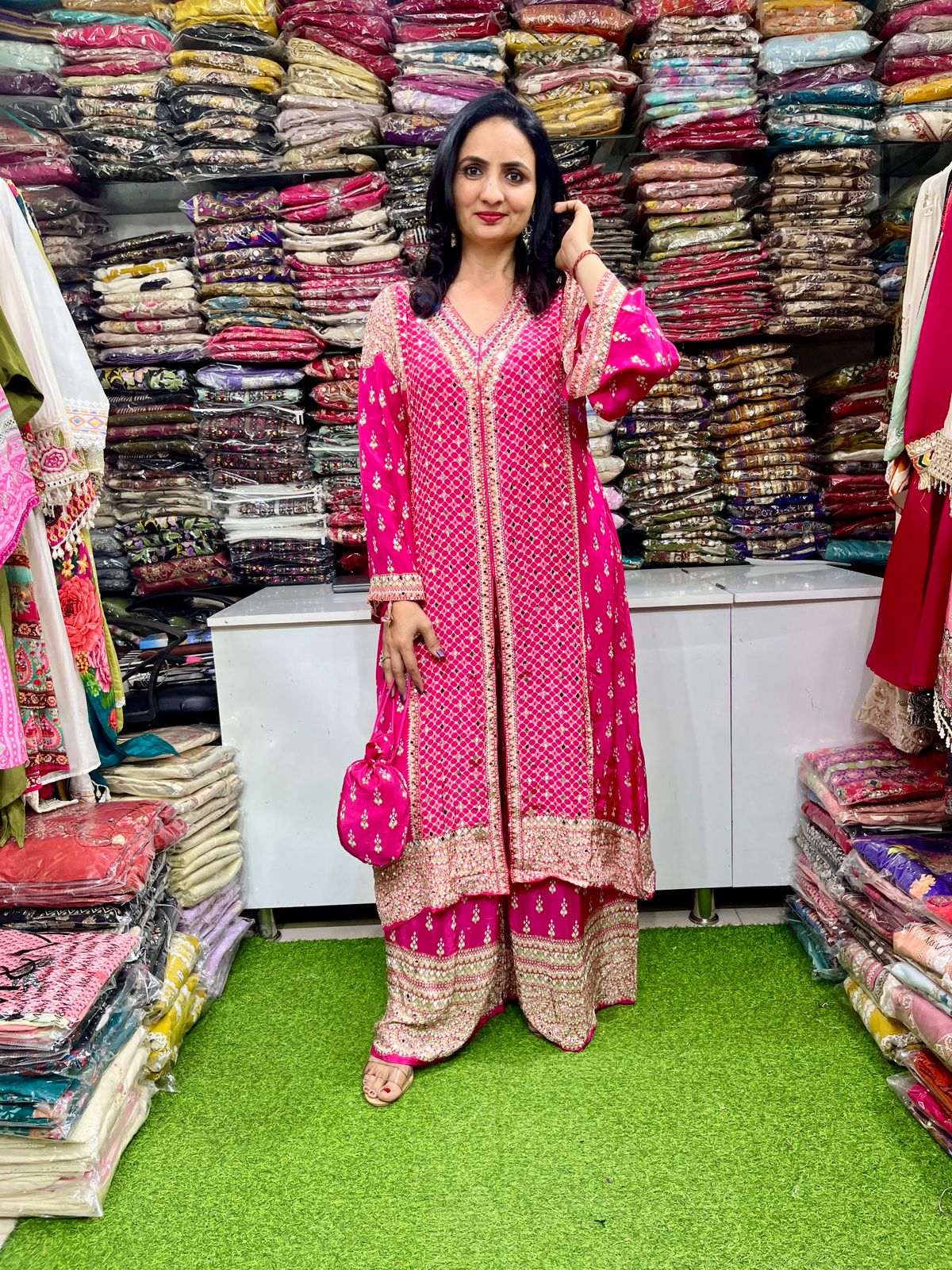 Pure Crape Mirror Work Long Party Wear Set