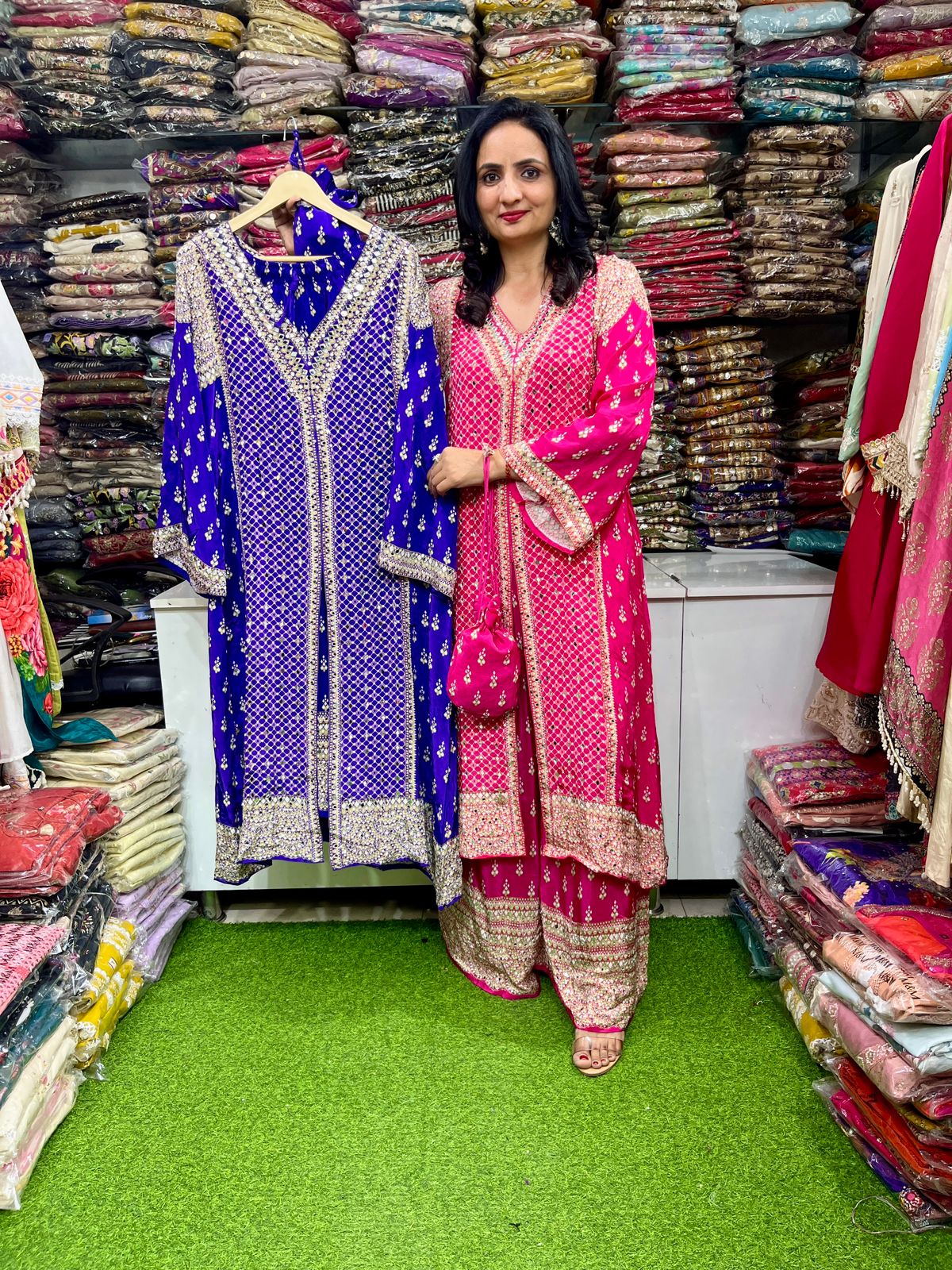 Pure Crape Mirror Work Long Party Wear Set