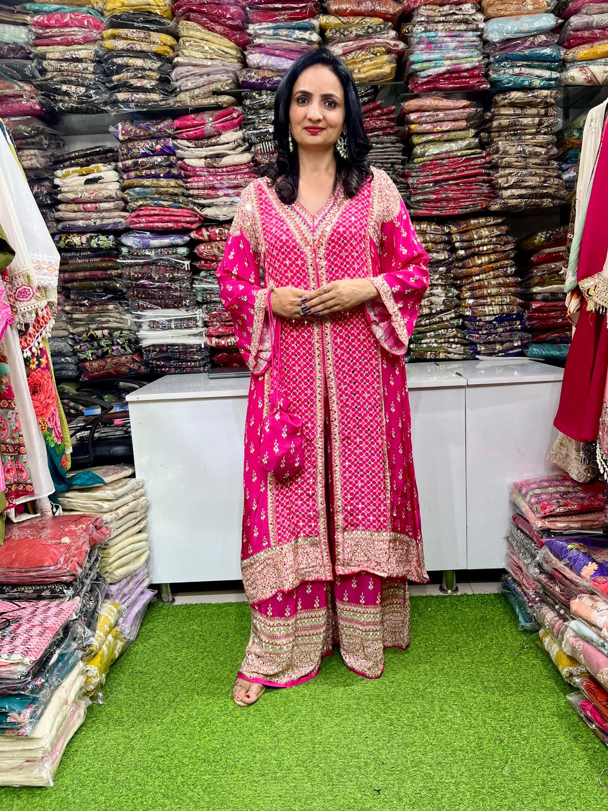 Pure Crape Mirror Work Long Party Wear Set