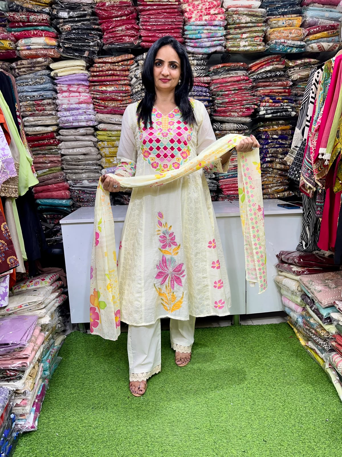 Designer Cotton Schifli Embroidered Anarkali Set
