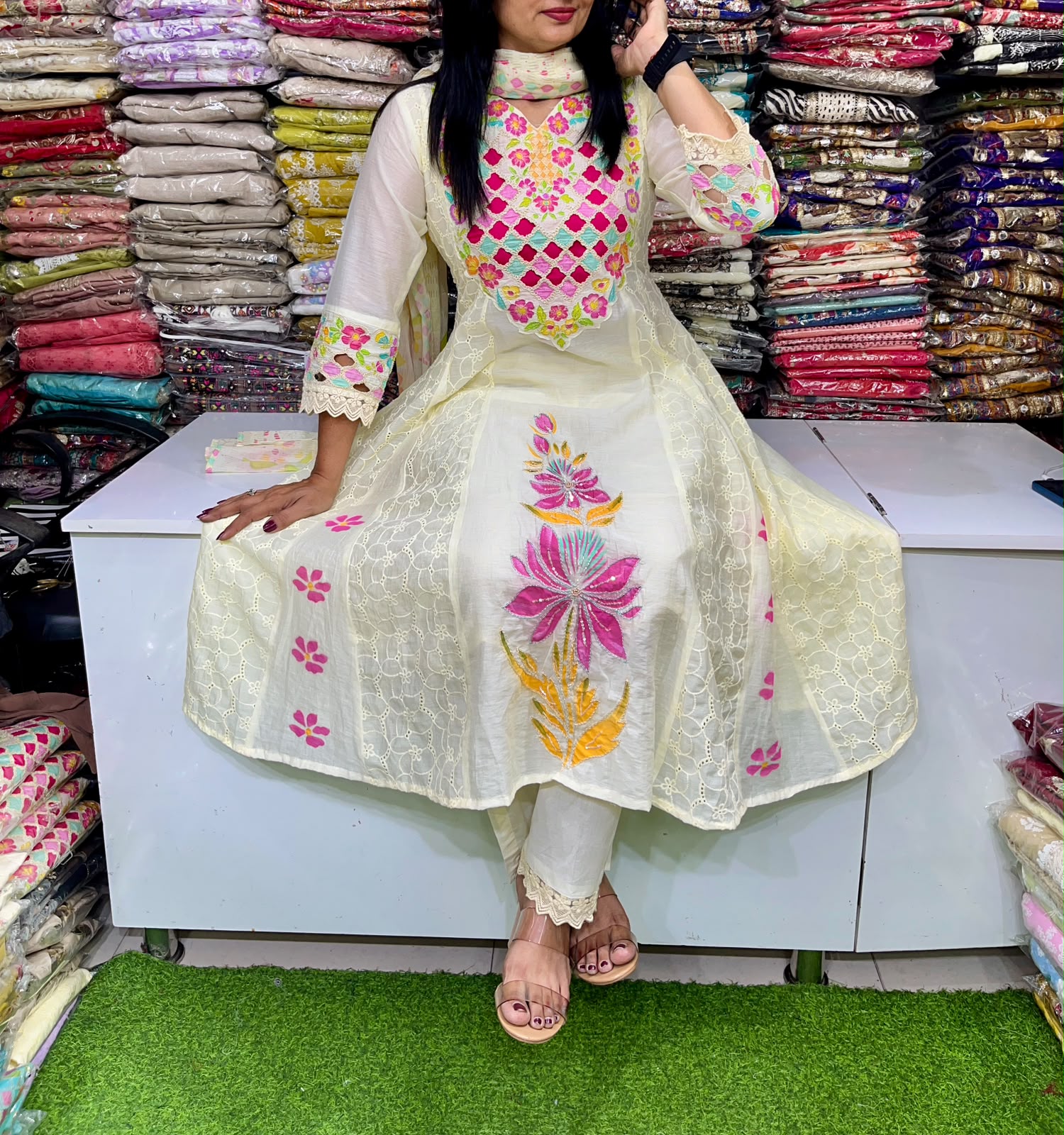 Designer Cotton Schifli Embroidered Anarkali Set