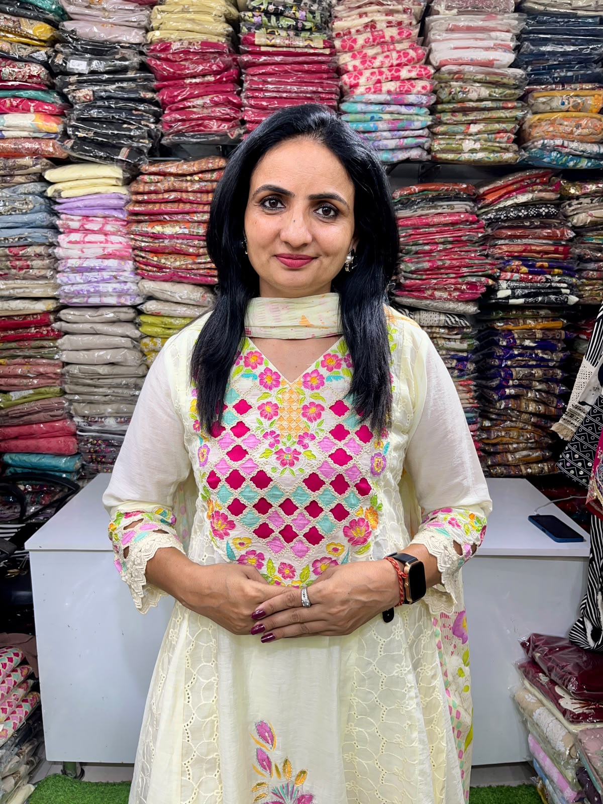 Designer Cotton Schifli Embroidered Anarkali Set