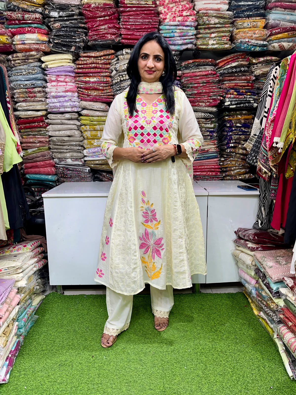Designer Cotton Schifli Embroidered Anarkali Set