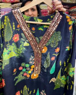 Digital Print Pure Crape Coord with Hand Embellishment on Neck paired with Farshi