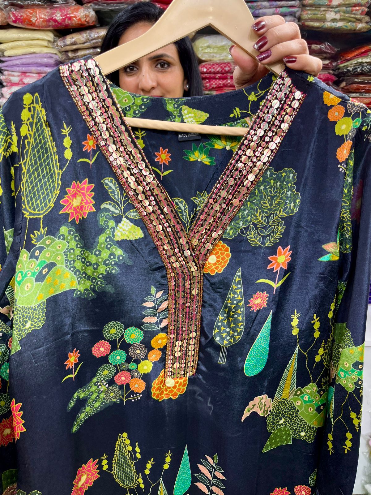 Digital Print Pure Crape Coord with Hand Embellishment on Neck paired with Farshi
