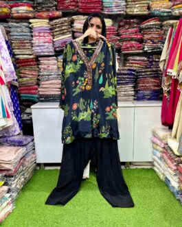 Digital Print Pure Crape Coord with Hand Embellishment on Neck paired with Farshi