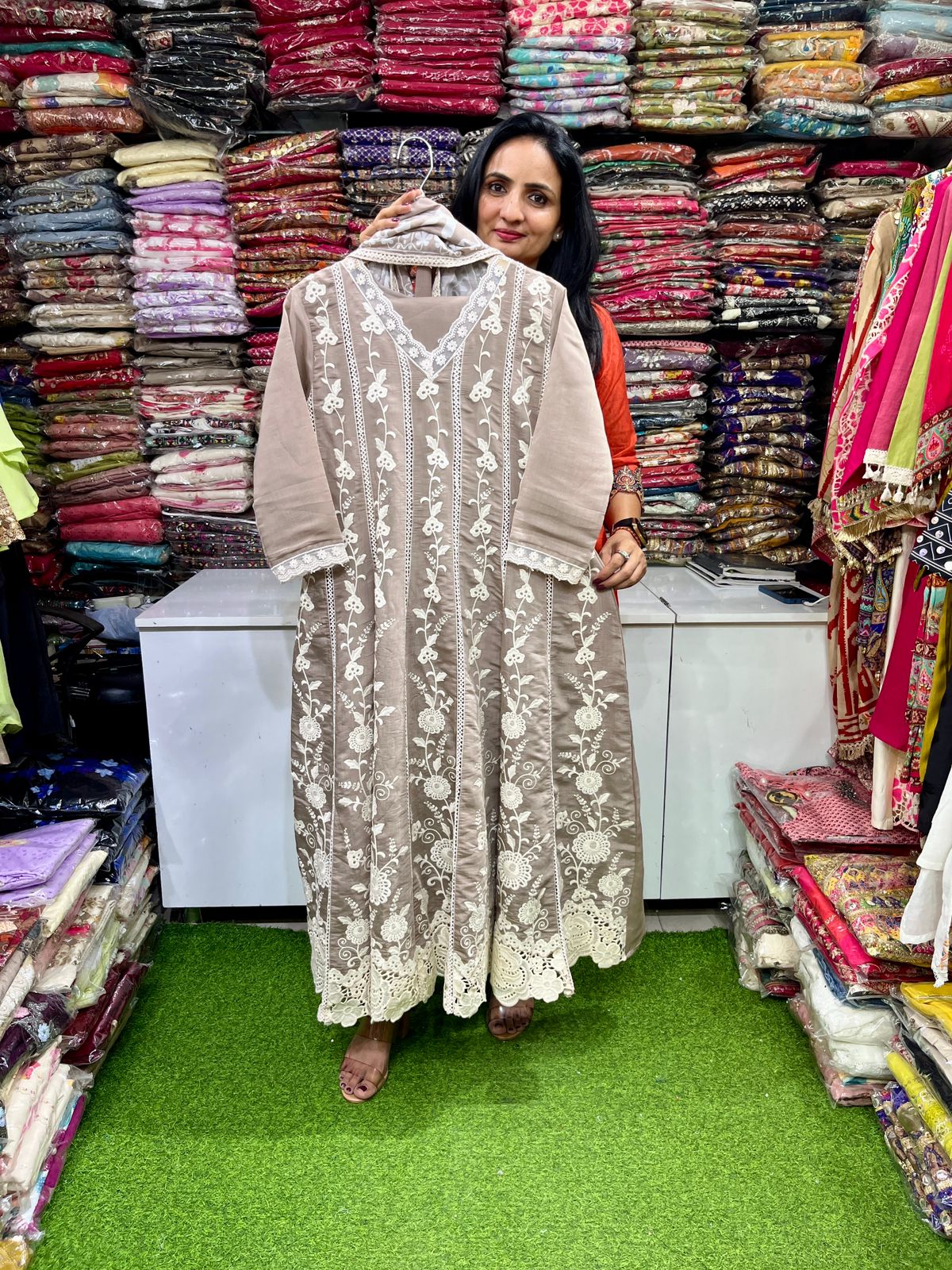 Mal Chandheri Anarkali Set with Pants and digital print lawn dupatta