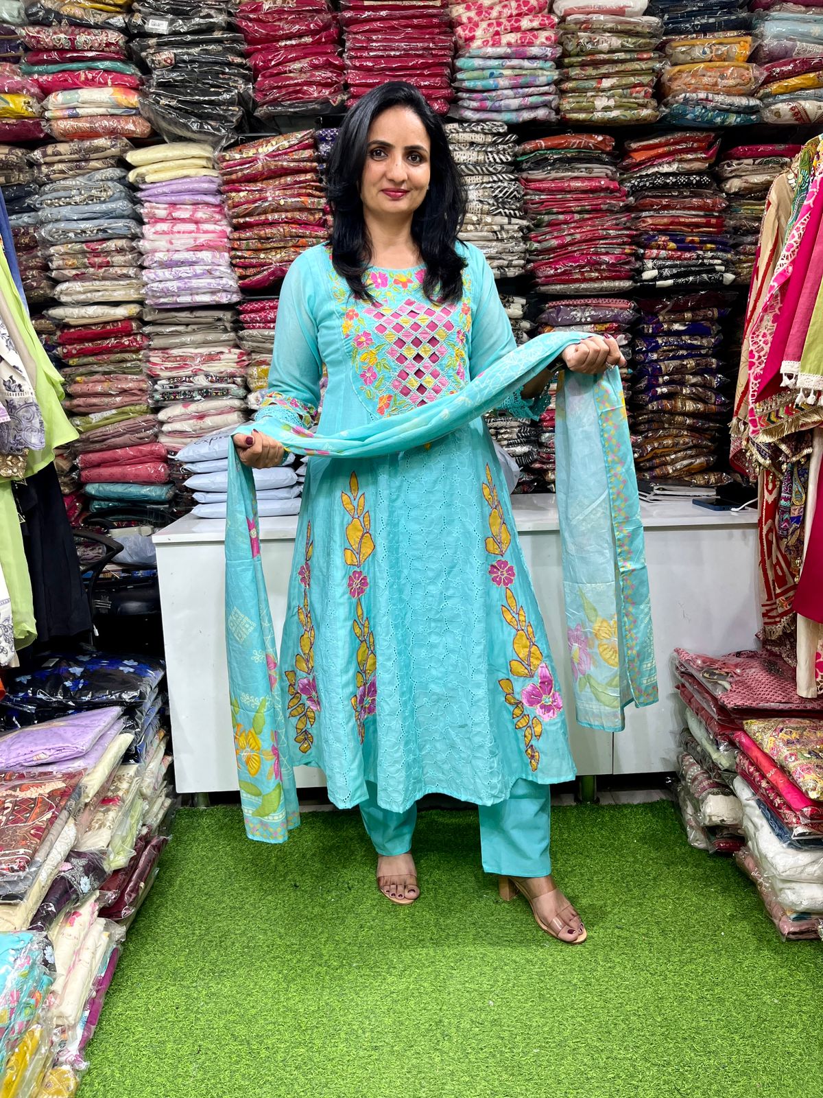 Mal Chandheri Embroidered Anarkali Set