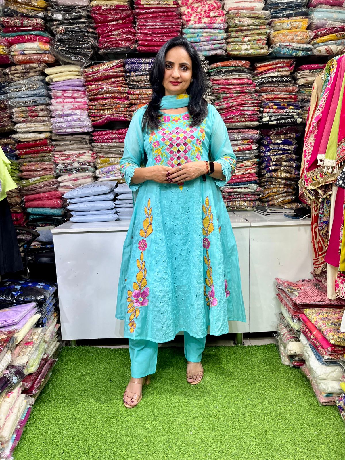 Mal Chandheri Embroidered Anarkali Set