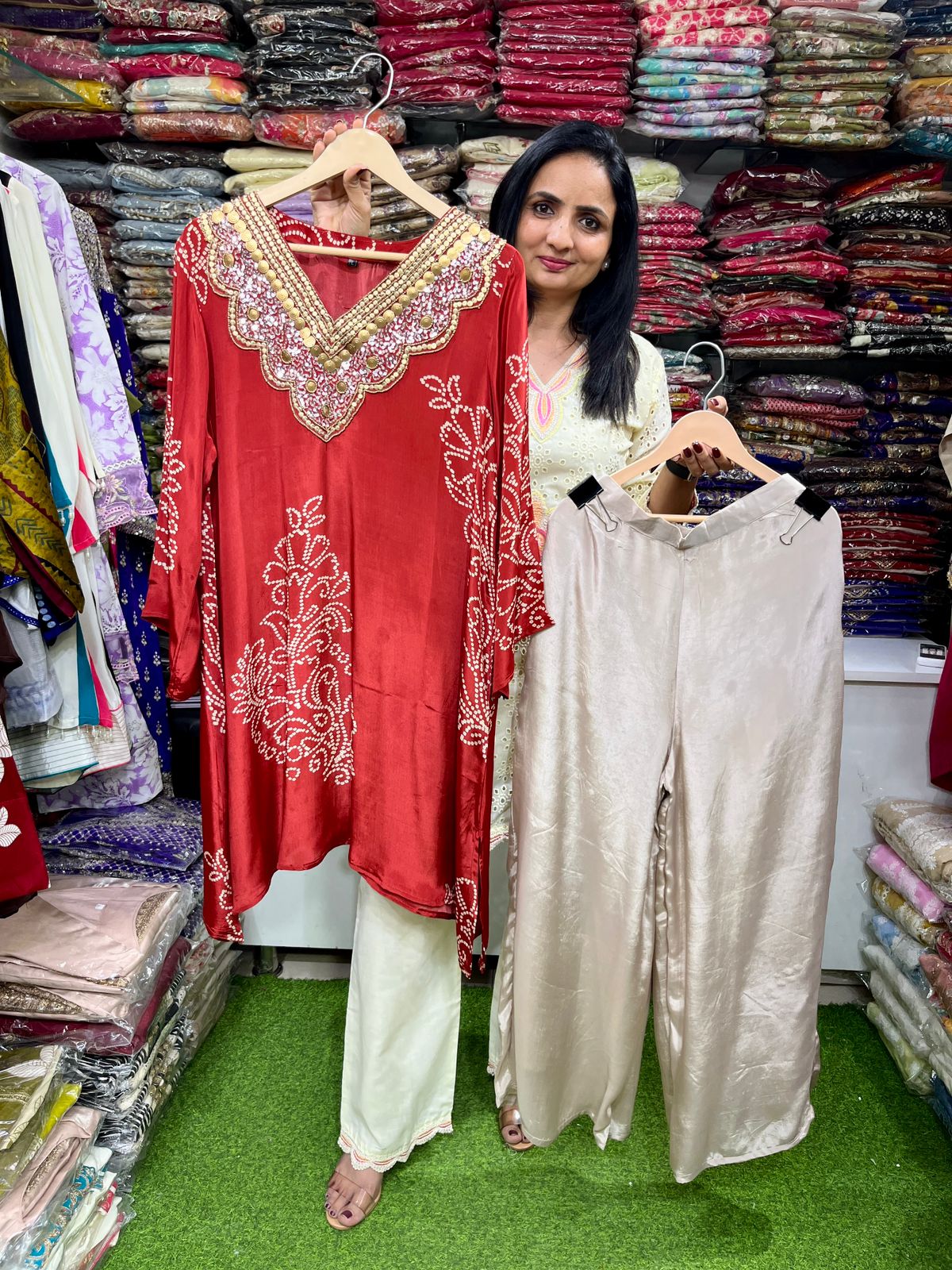Pure Crape Bandhani Print Hand Embroidered Coord Set