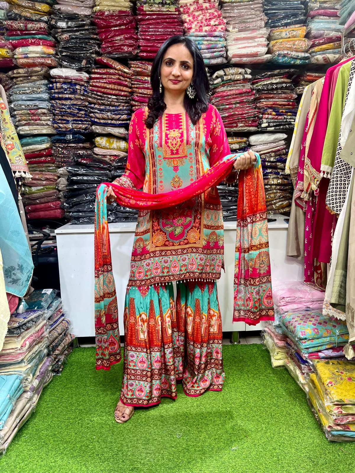 Pure Crape Digital Print Sharara Suit Set with Embroidery
