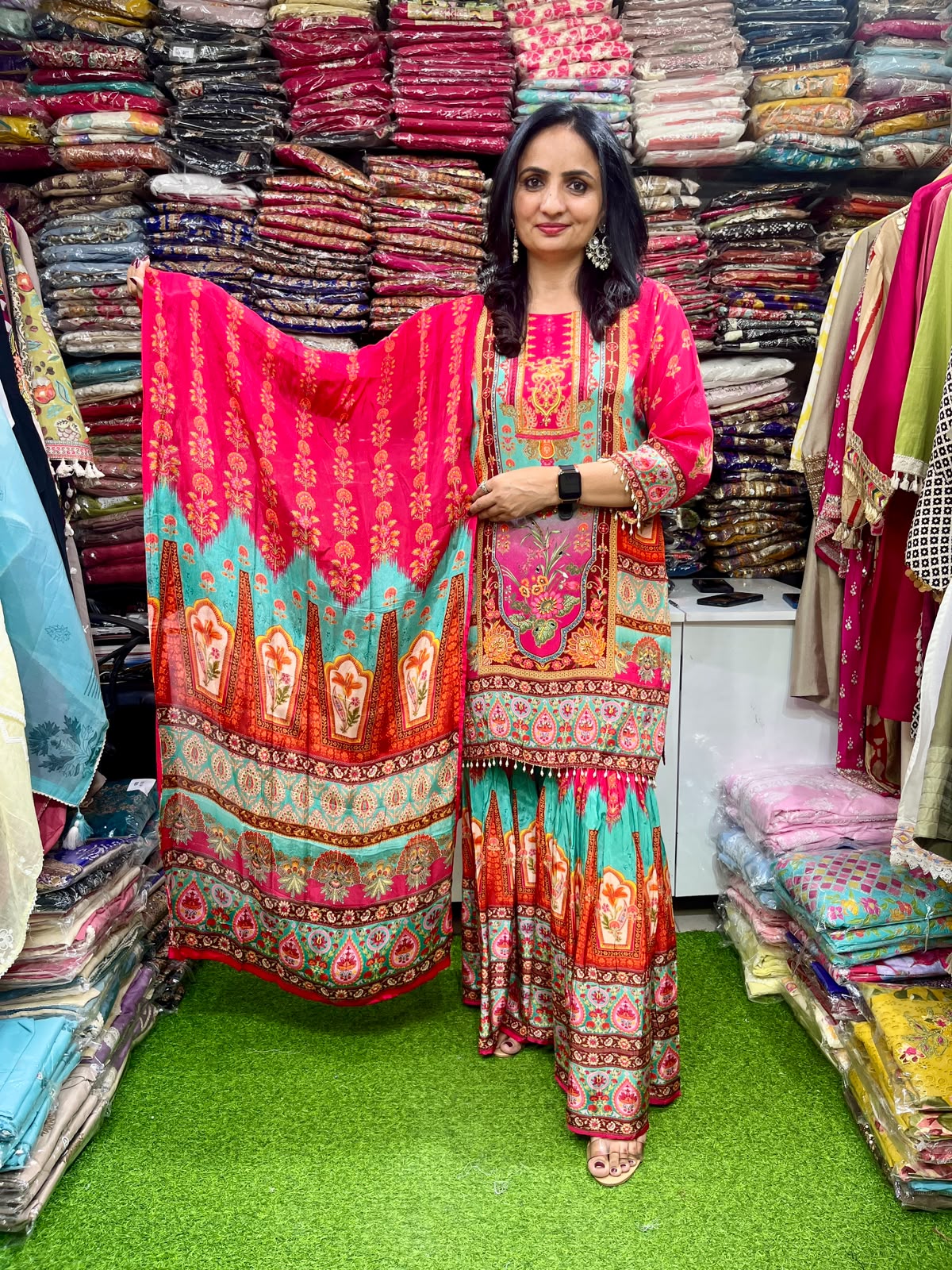 Pure Crape Digital Print Sharara Suit Set with Embroidery