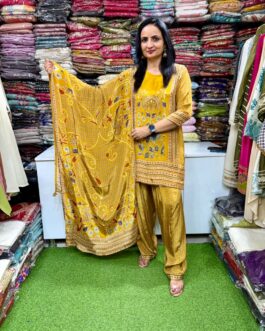 Pure crape digital print suit with hand embroidery