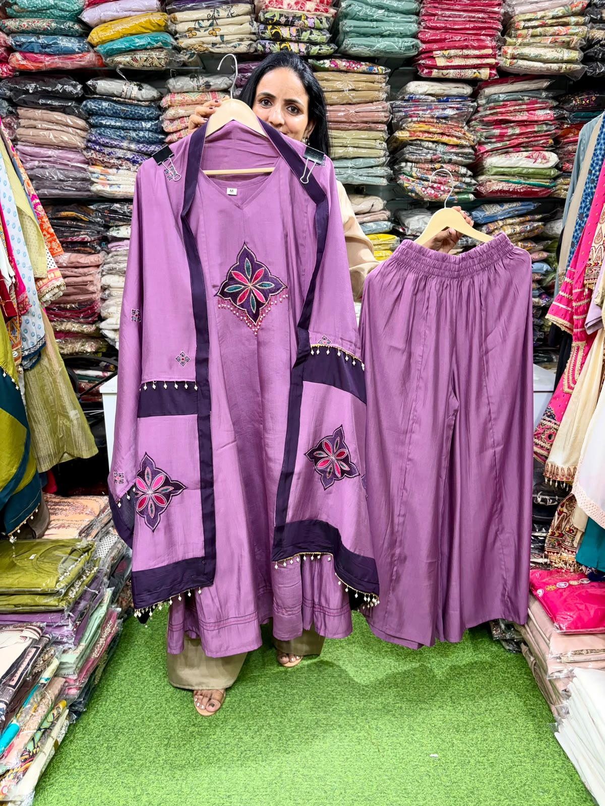 Designer Anarkali set with designer dupatta and flaired Plazzo
