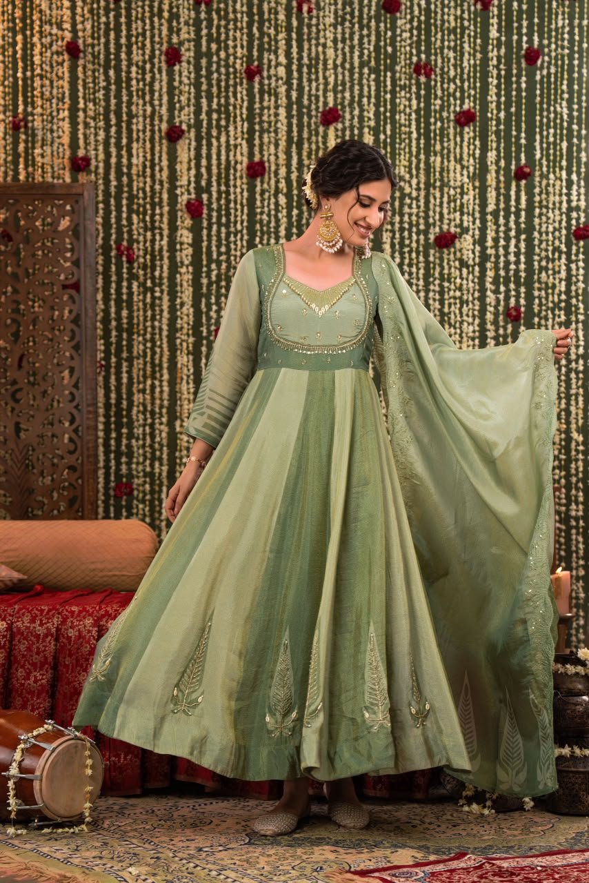 Designer Partywear Green Anarkali Suit Set