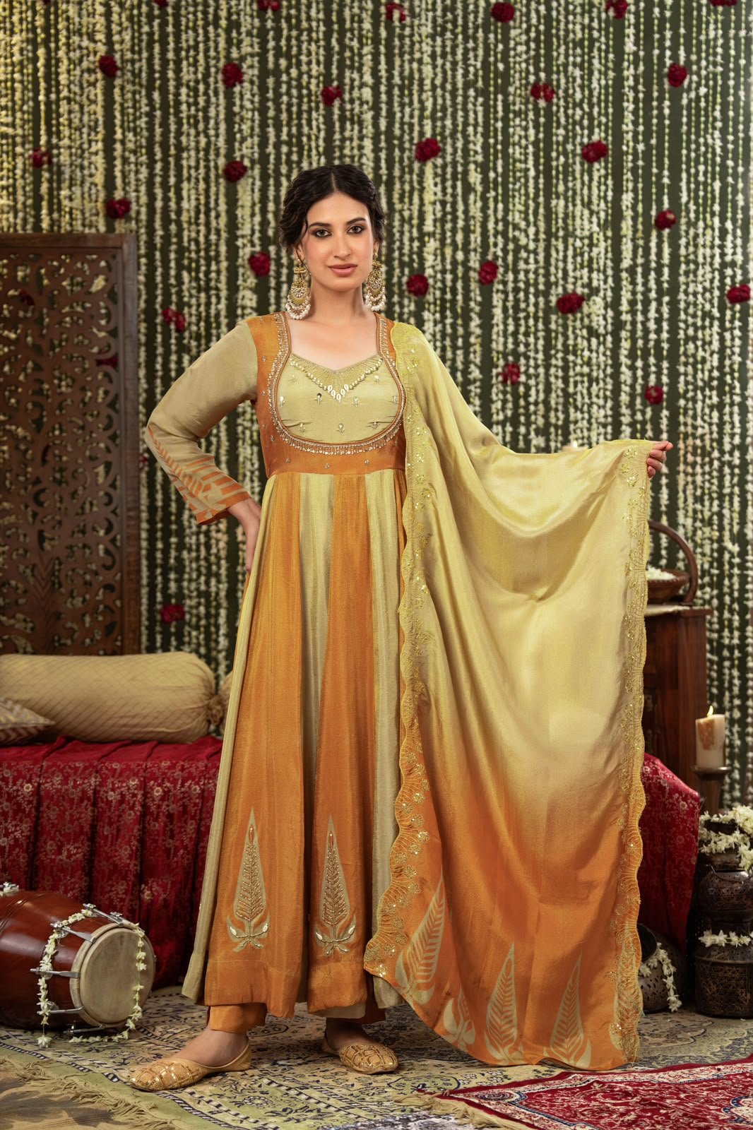 Designer Partywear Rust Anarkali Suit Set