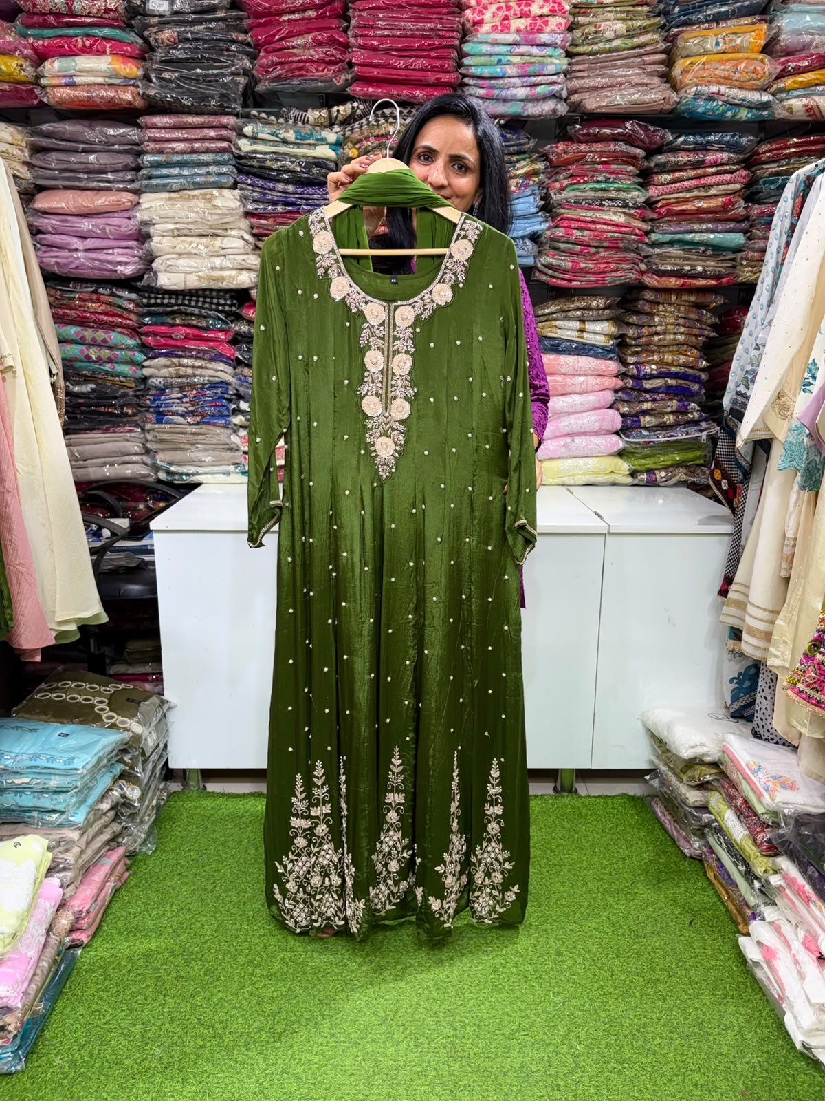 Pure Chinon Green Hand Embroidered Anarkali Suit Set