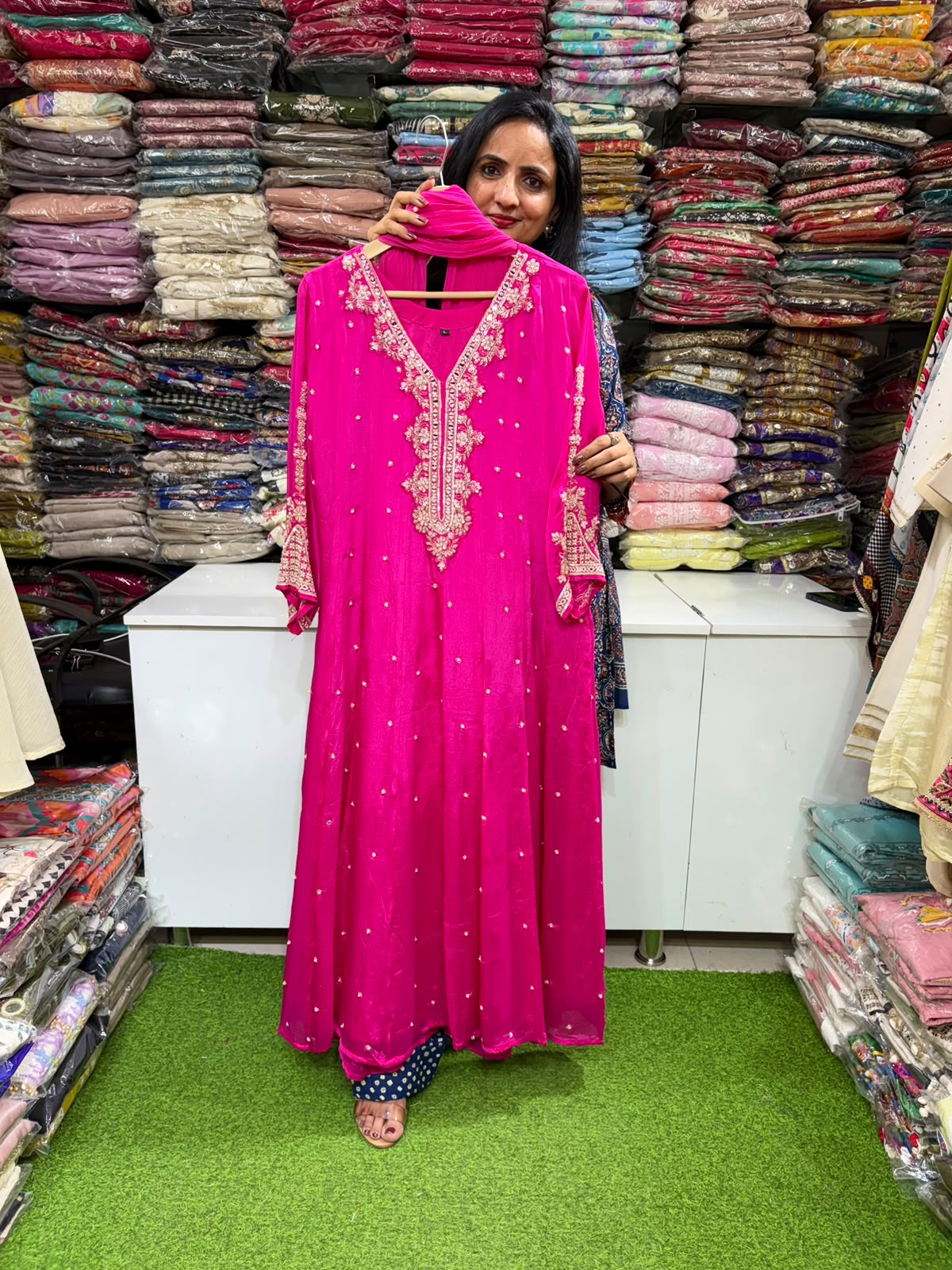 Pure Chinon Hand Embroidered Anarkali Suit Set