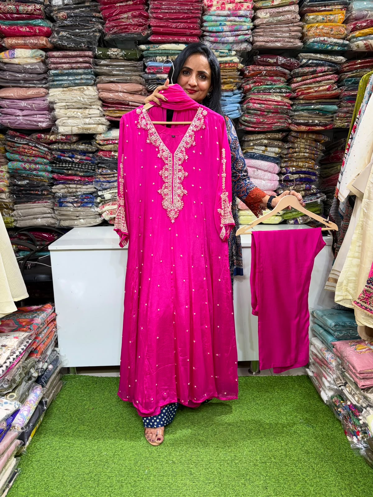 Pure Chinon Hand Embroidered Anarkali Suit Set