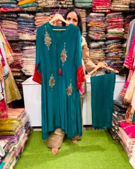 Pure Crape Phiran Style Hand Embroidered Teal Coord Set