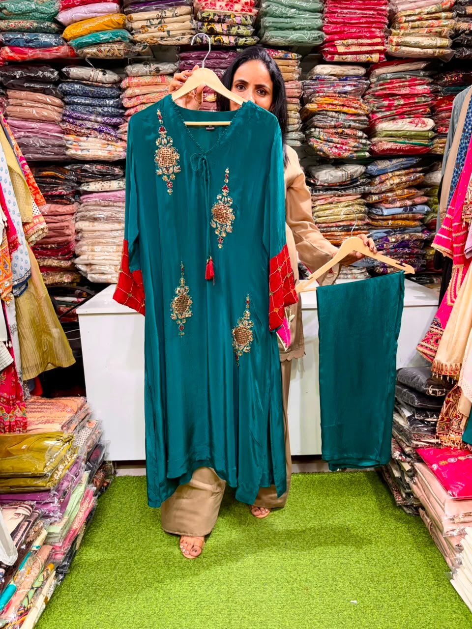 Pure Crape Phiran Style Hand Embroidered Teal Coord Set