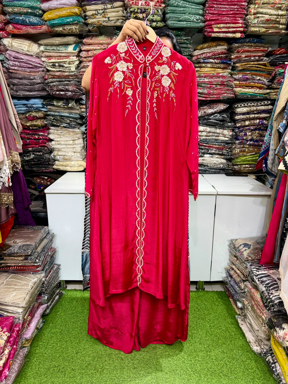 Pure Crape Three Peice Hand Embroidered Jacket Set