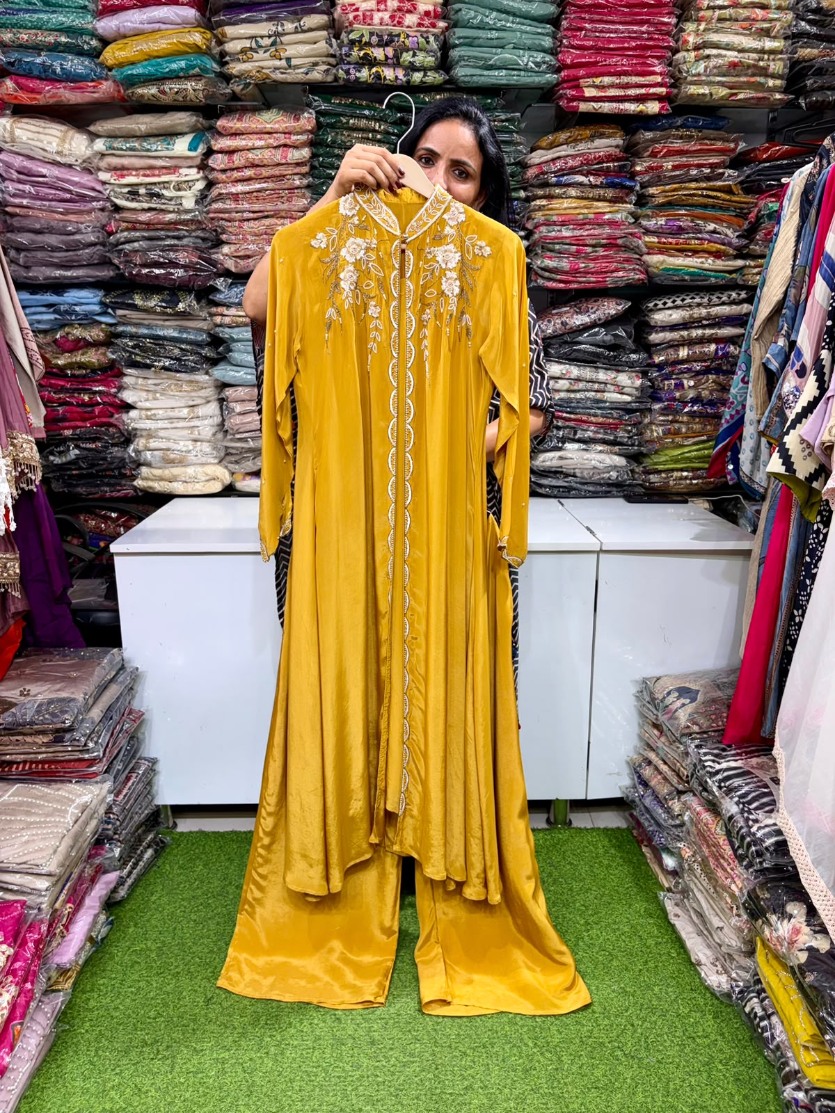 Pure Crape Three Peice Hand Embroidered Jacket Set