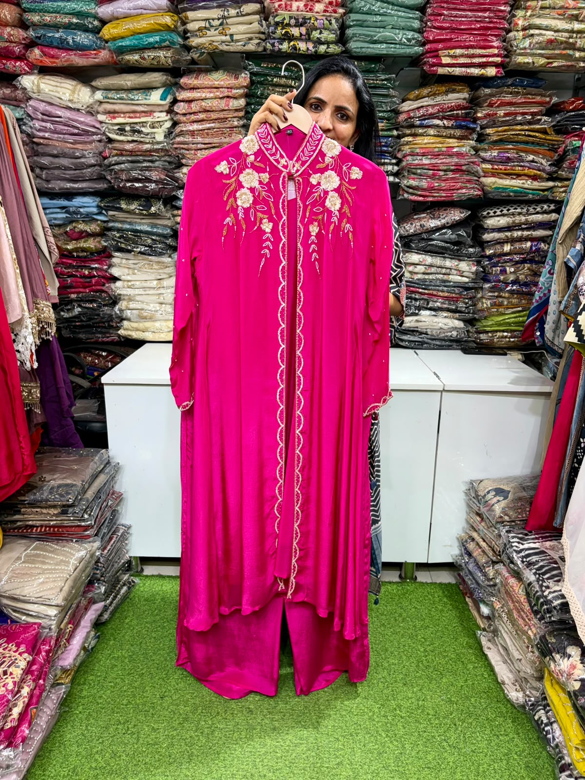 Pure Crape Three Peice Hand Embroidered Jacket Set