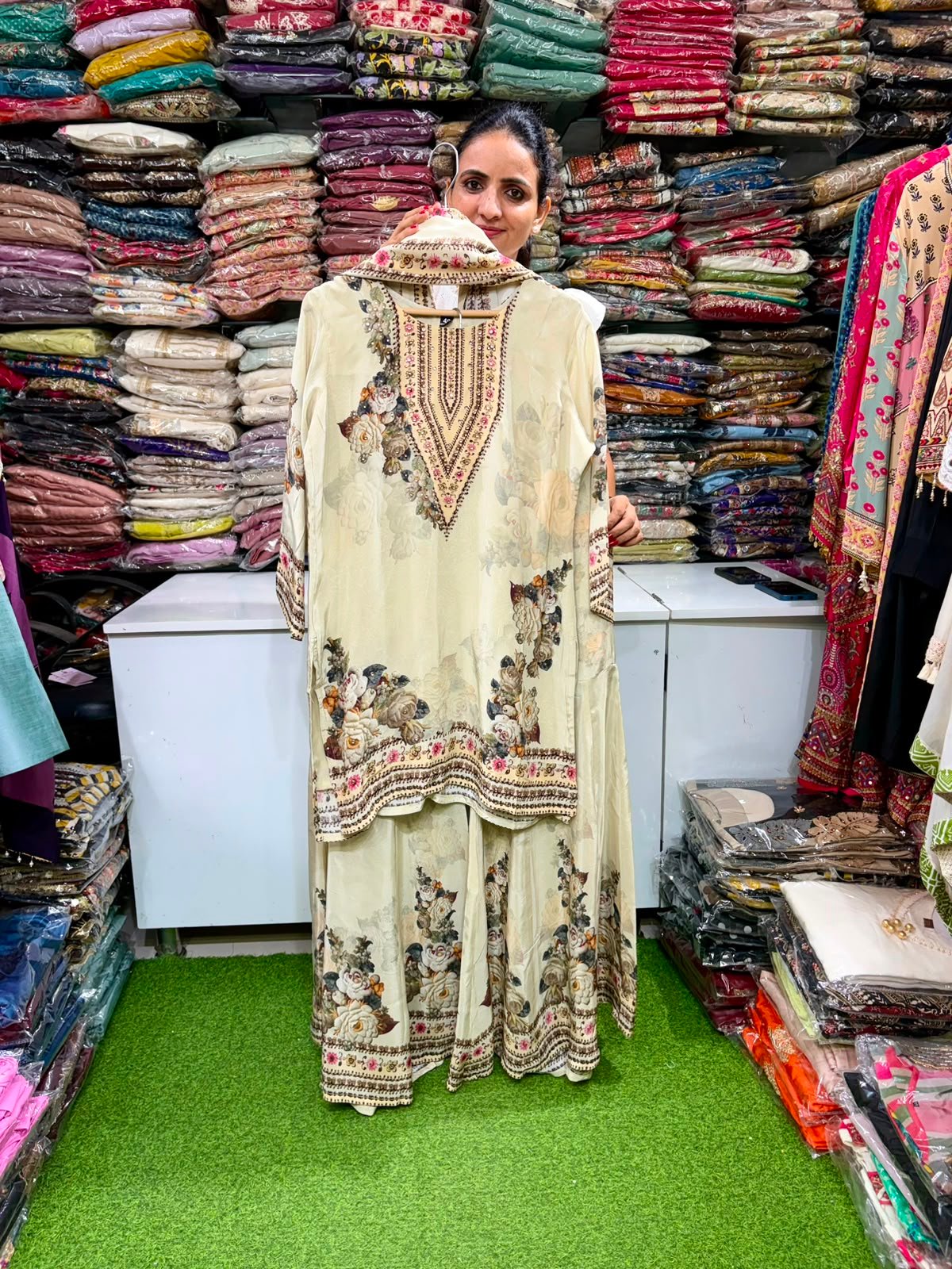 Pure Crape Gharara Suit Set Cream