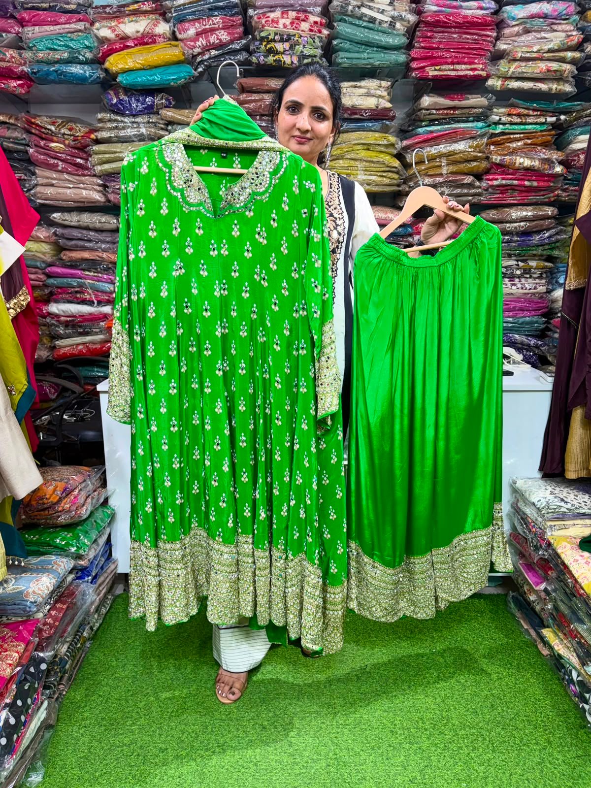 SCD-49 Pure Crape Anarkali Suit Set with mirror highlights