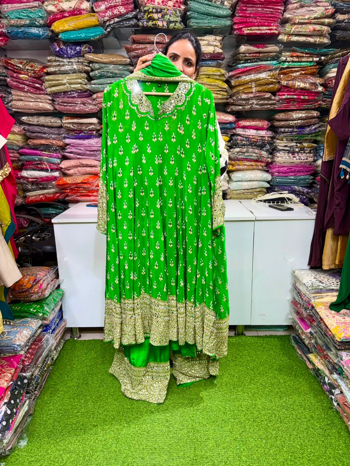SCD-49 Pure Crape Anarkali Suit Set with mirror highlights