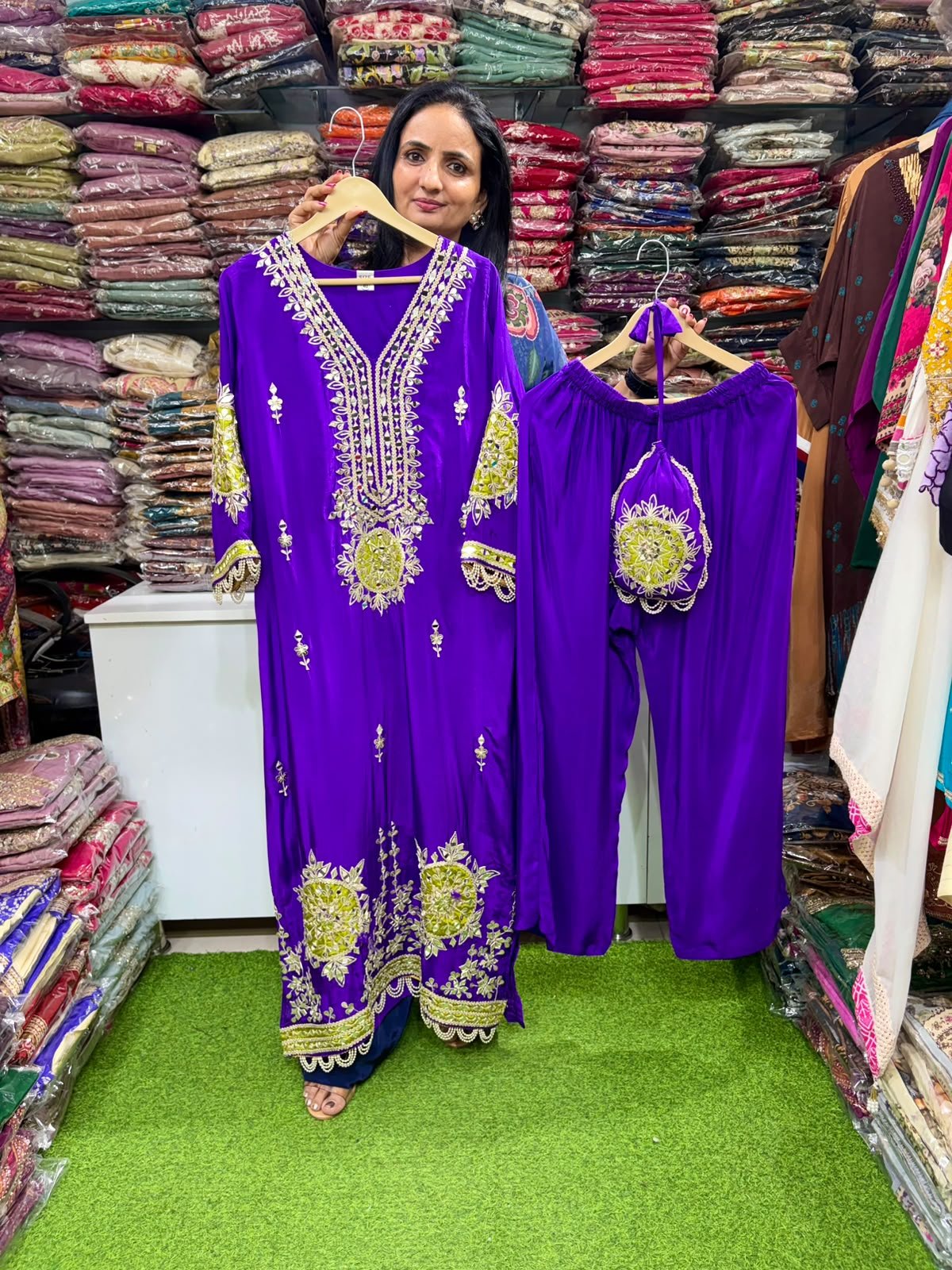 Pure-Crape-Real-Mirror-Work-Phiran-Set Purple