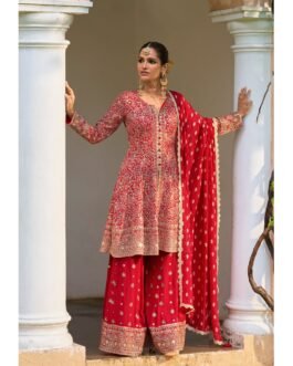 SCD-128 Designer Fully Embroidered Party Wear Peplum with Divider Red