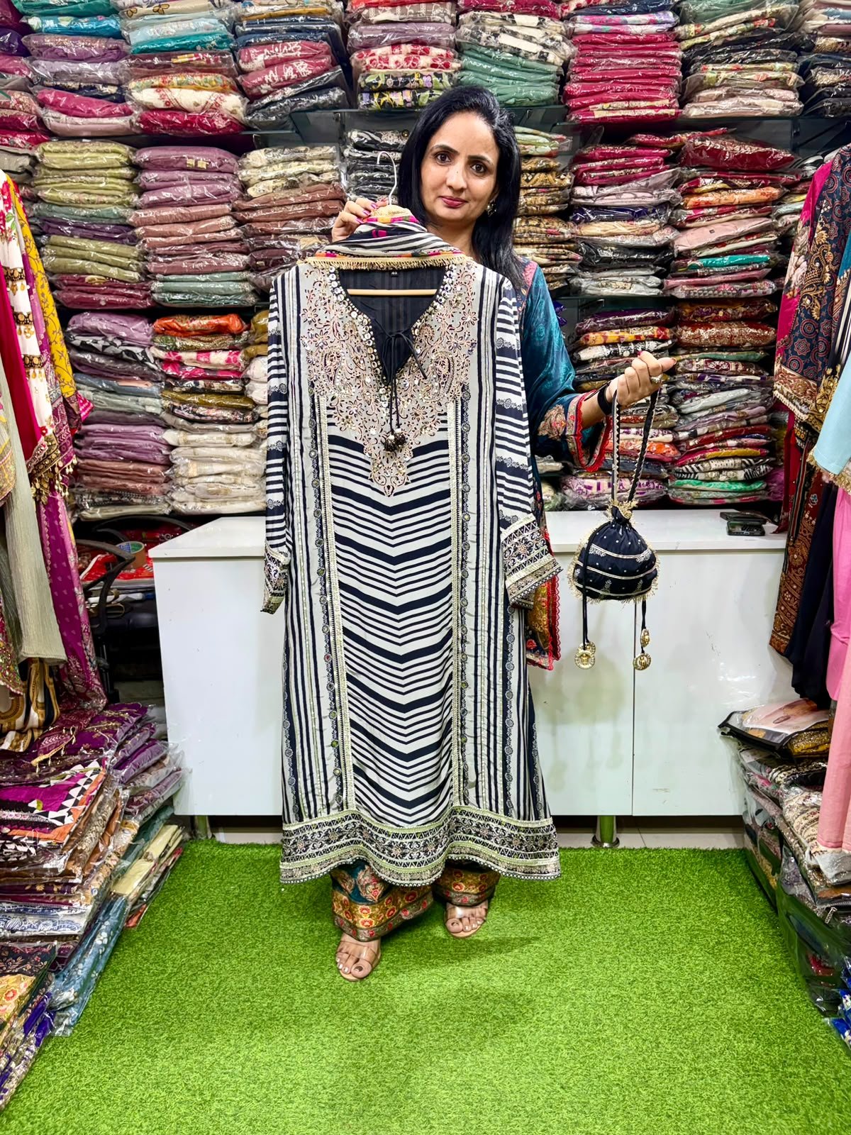 SCD-92 Pure Crape Embroidered A line Suit with Complimentary Potli