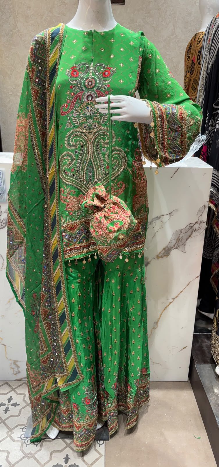 Designer-Pure-Crape-Sharara-Set-with-Organza-Dupatta
