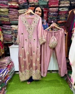 SCD-98 Designer Pink Phiran Set with Pants and Potli