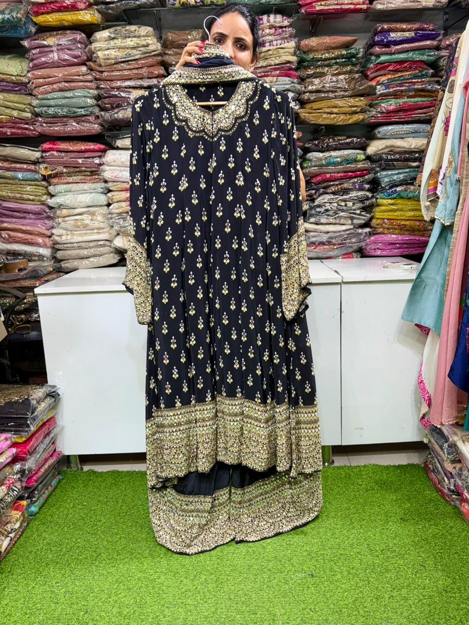 Pure Crape Black Anarkali Set