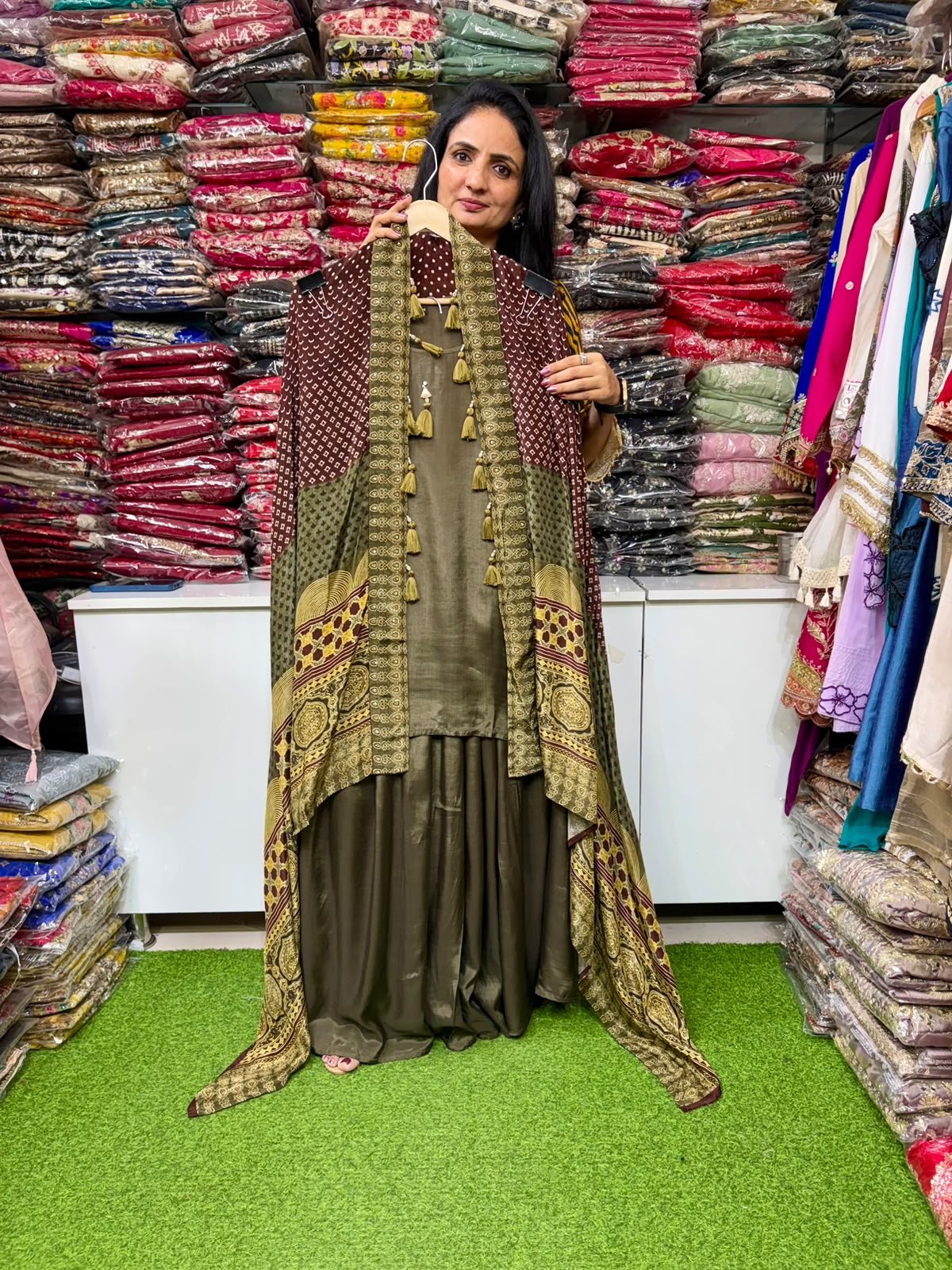 SCD- 167 Designer Pure Crape Indo-Western Ajrak Print Cape Style Coord Set