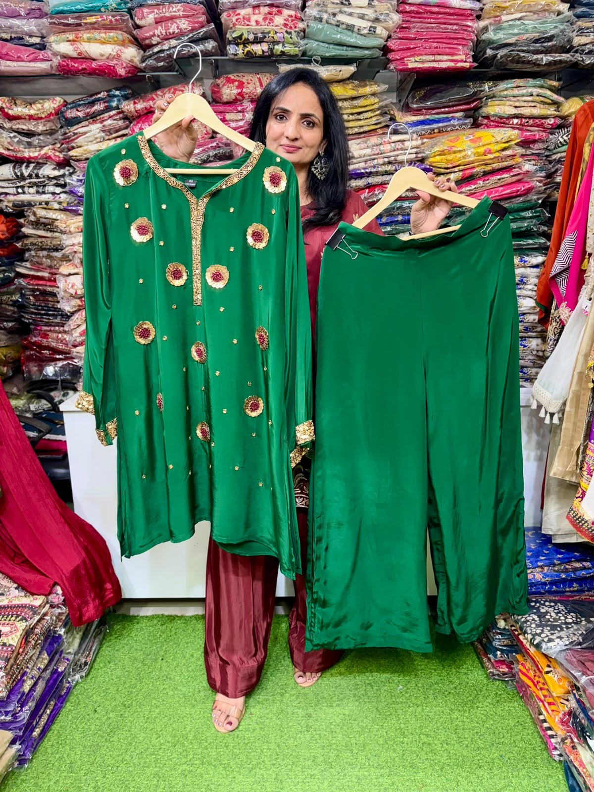 SCD -195 Pure Crape Bottle Green Coord Set